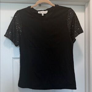 Daisy Fuentes Black Short-Sleeve Top with Sequin Sleeves